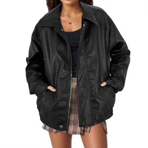 American Trends Leather Jacket Women Bomber Pleather Jacket Oversized Leather Blazer Biker Motorcycle Jacket