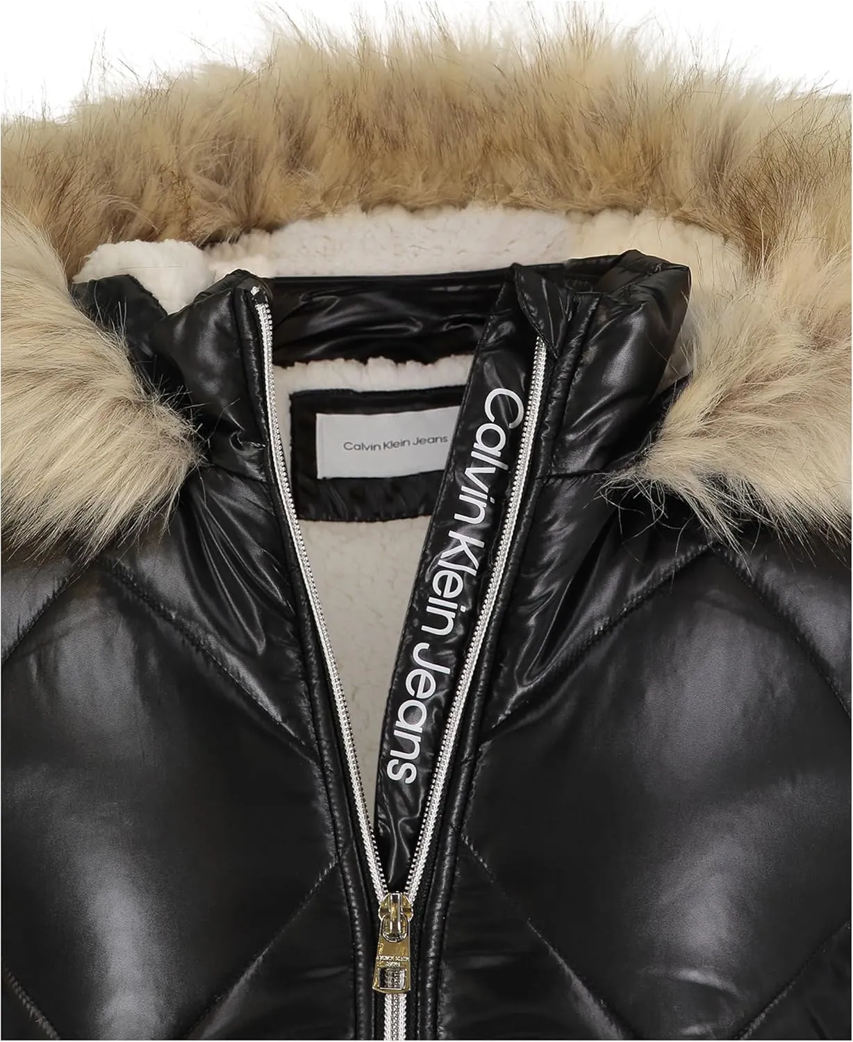 Calvin Klein Girls' Short Length Hooded Winter Diamond Quilt Puffer Jacket with Fleece Lining