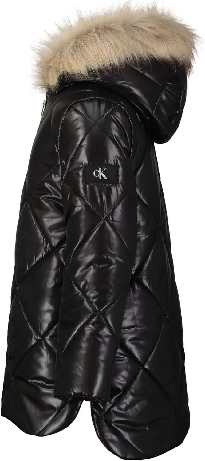 Calvin Klein Girls' Short Length Hooded Winter Diamond Quilt Puffer Jacket with Fleece Lining