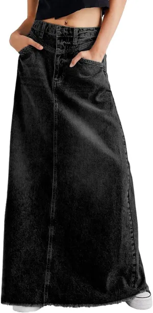 chouyatou Women's Vintage A-Line Frayed Maxi Denim Skirt Distressed High Waist Long Jean Skirt