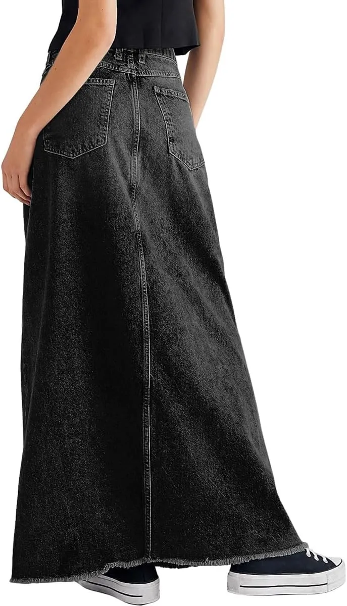chouyatou Women's Vintage A-Line Frayed Maxi Denim Skirt Distressed High Waist Long Jean Skirt
