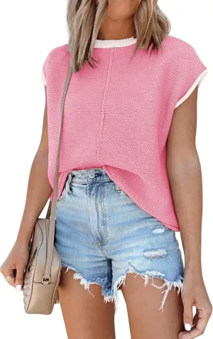 Disamer Womens Summer Cap Sleeve Tops Sleeveless Sweater Vest Casual Loose Fit Striped Knit Lightweight Pullover