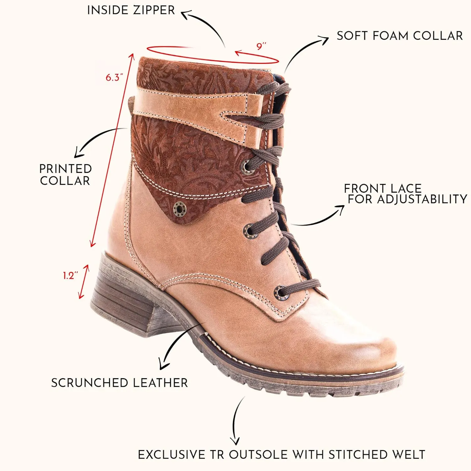Dromedaris Women's Kara Combat Lace-up Comfort Boot with Inside Zip