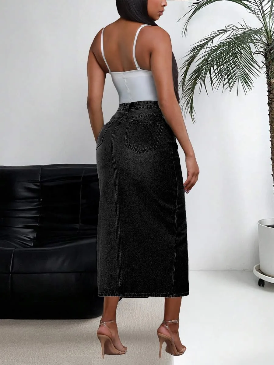 Jean Skirt for Women Denim Skirt High Waist Stretch Midi Denim Skirts with Pockets