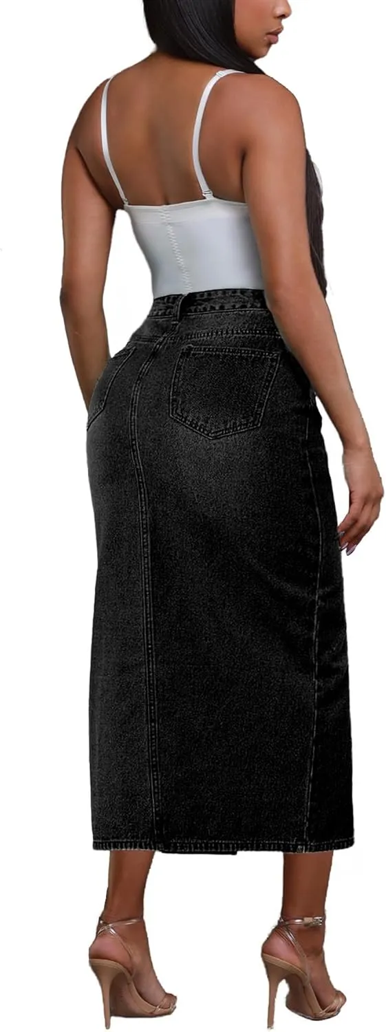 Jean Skirt for Women Denim Skirt High Waist Stretch Midi Denim Skirts with Pockets
