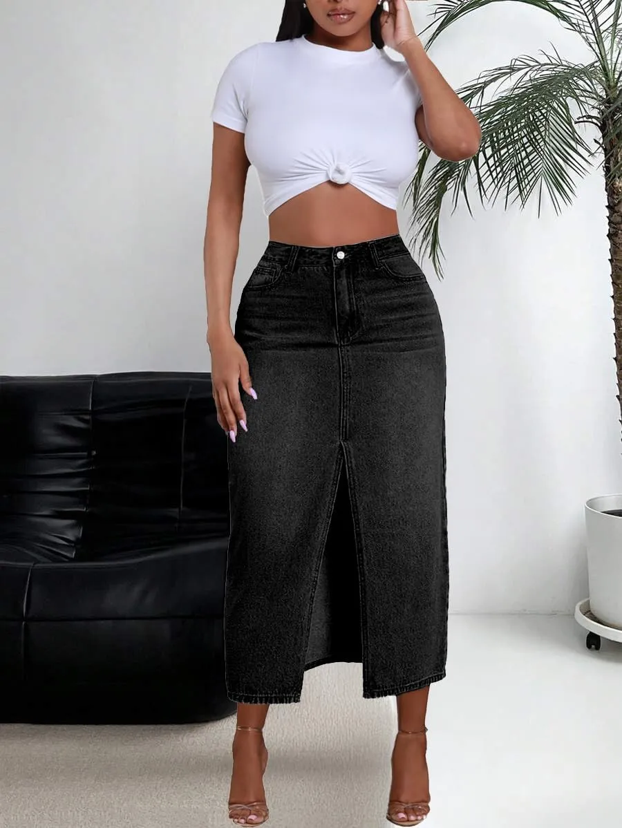 Jean Skirt for Women Denim Skirt High Waist Stretch Midi Denim Skirts with Pockets