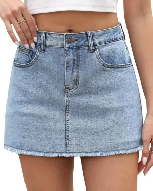KDF Denim Skort for Women High Waisted Denim Mini Skirt Stretch Women Jean Skirt Shorts with Trendy Frayed Raw Hem