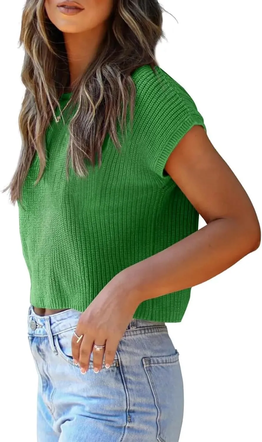 LCXWFE Womens Summer Cropped Sweater Vest Trendy Cap Sleeve Crop Tops Crew Neck Loose Knit Tank Top