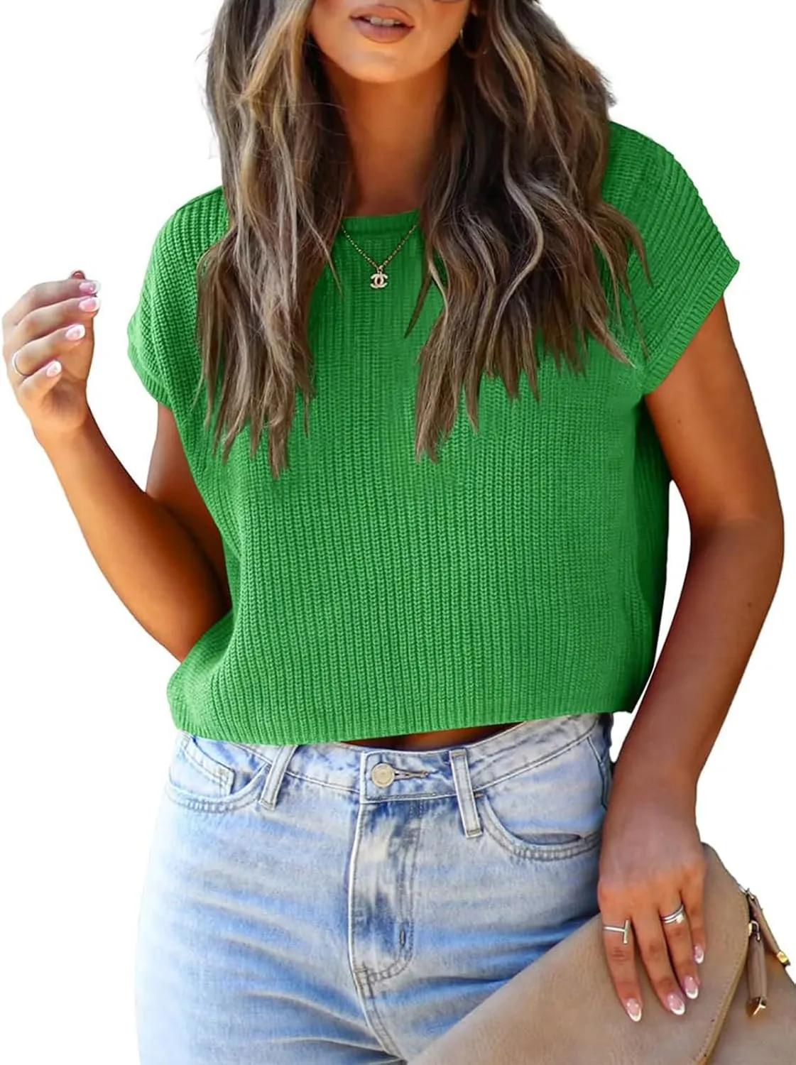 LCXWFE Womens Summer Cropped Sweater Vest Trendy Cap Sleeve Crop Tops Crew Neck Loose Knit Tank Top