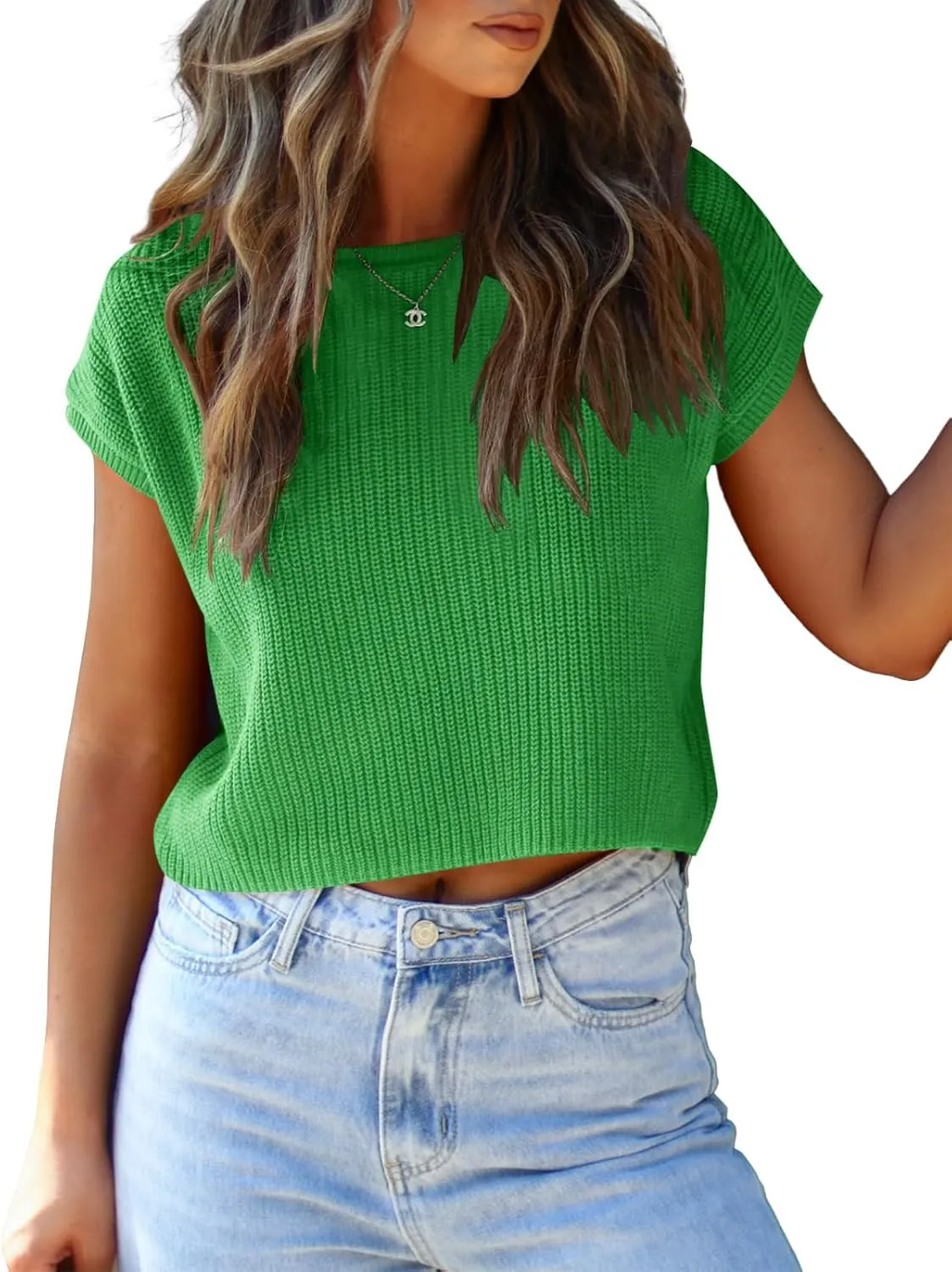 LCXWFE Womens Summer Cropped Sweater Vest Trendy Cap Sleeve Crop Tops Crew Neck Loose Knit Tank Top