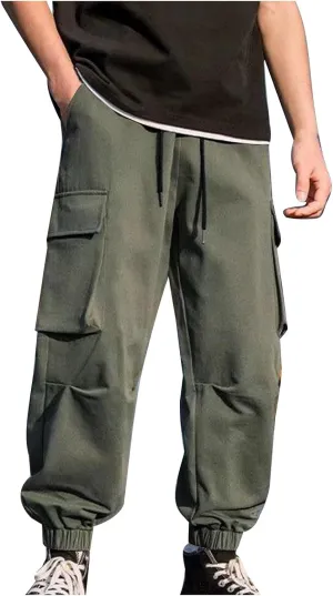 Mens Cargo Pants Trendy Solid Color Work Pants Elastic Waist Drawstring Hiking Pants Casual Multi Pockets Jogger Pants
