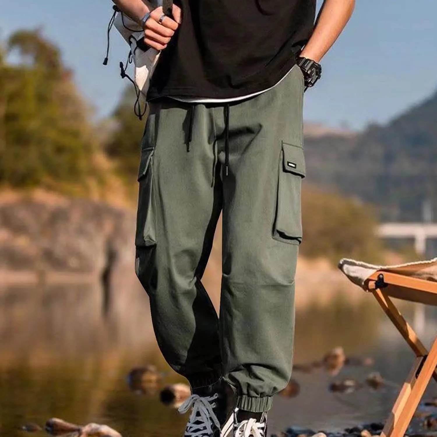 Mens Cargo Pants Trendy Solid Color Work Pants Elastic Waist Drawstring Hiking Pants Casual Multi Pockets Jogger Pants