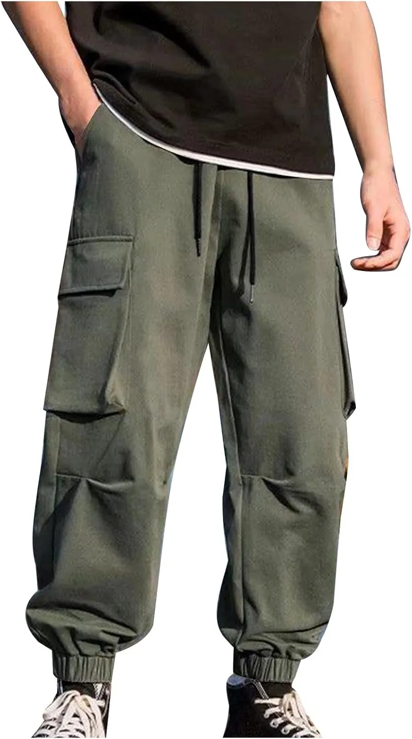 Mens Cargo Pants Trendy Solid Color Work Pants Elastic Waist Drawstring Hiking Pants Casual Multi Pockets Jogger Pants