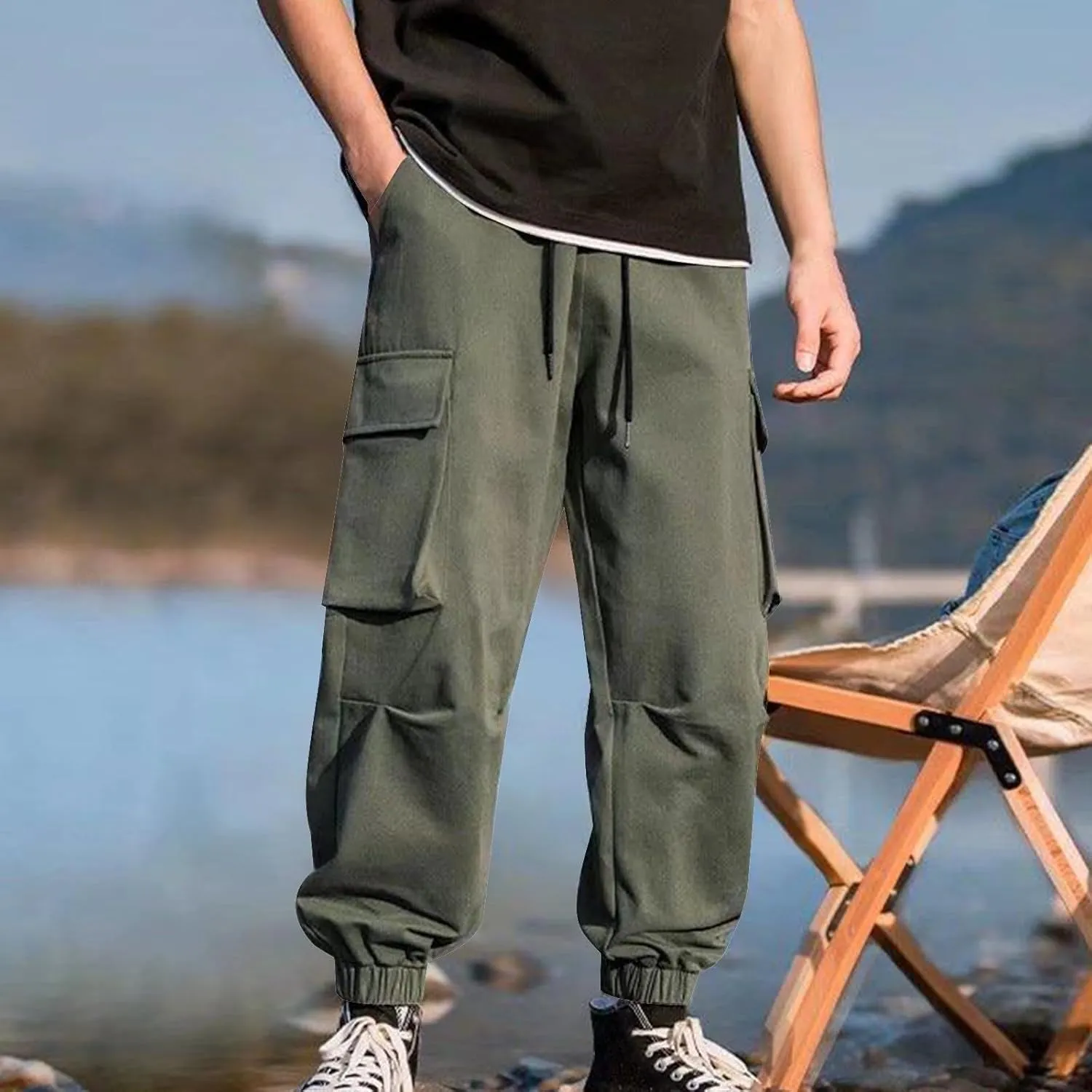 Mens Cargo Pants Trendy Solid Color Work Pants Elastic Waist Drawstring Hiking Pants Casual Multi Pockets Jogger Pants