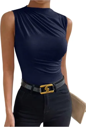 Milumia Women's Casual Ruched Mock Neck Tank Top Sleeveless Slim Fit Work Shirt Tops