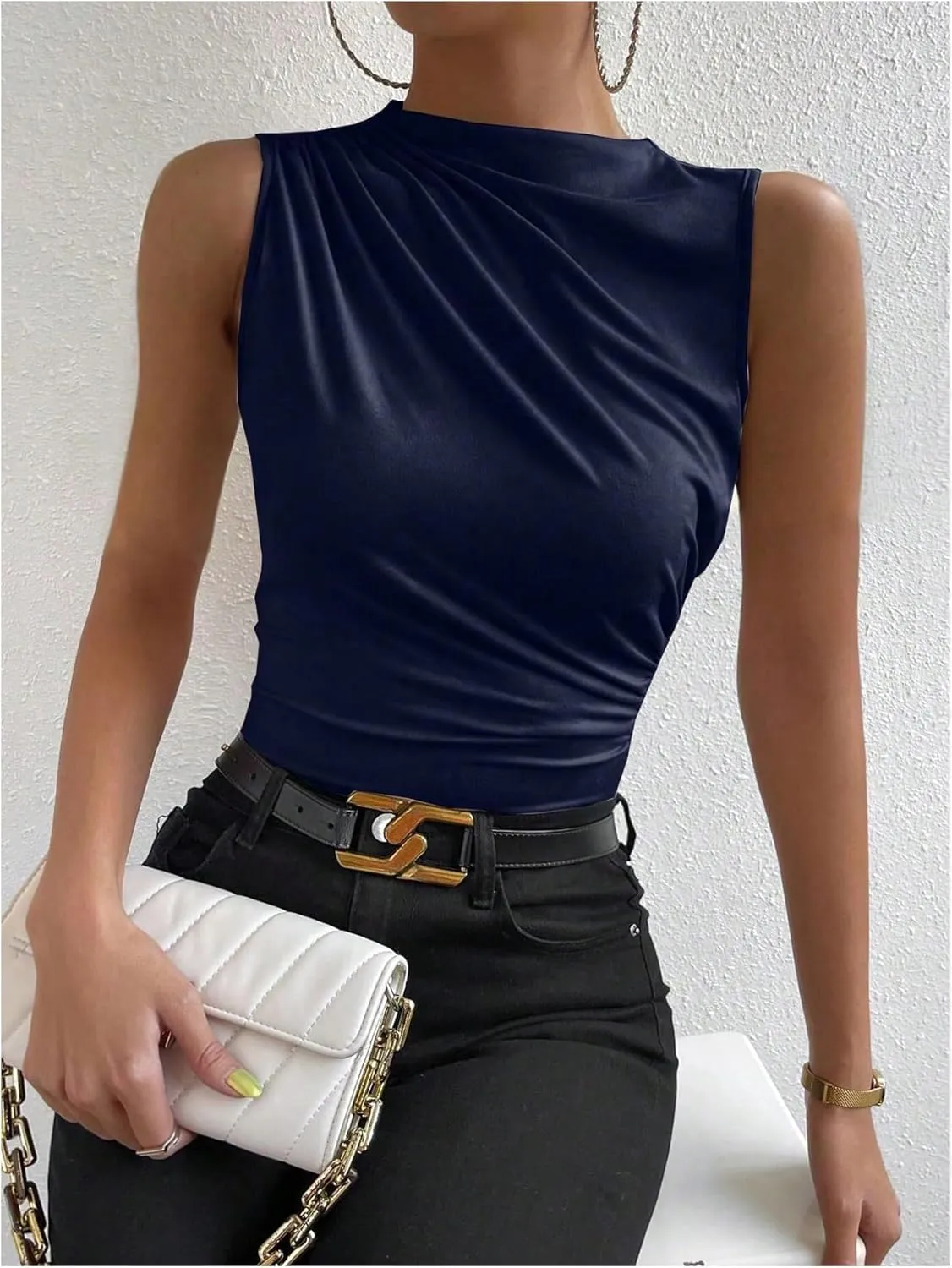 Milumia Women's Casual Ruched Mock Neck Tank Top Sleeveless Slim Fit Work Shirt Tops