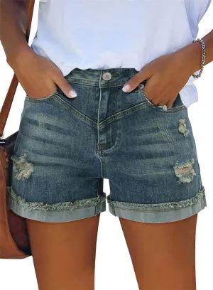 onlypuff Womens Jean Shorts High Waisted Cut Off Denim Shorts Ripped Distressed Roll Hem Shorts Vintage Blue S
