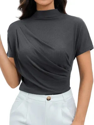 OYOANGLE Women's Ruched Draped Front Mock Neck Short Sleeve Solid Tee Shirt Top