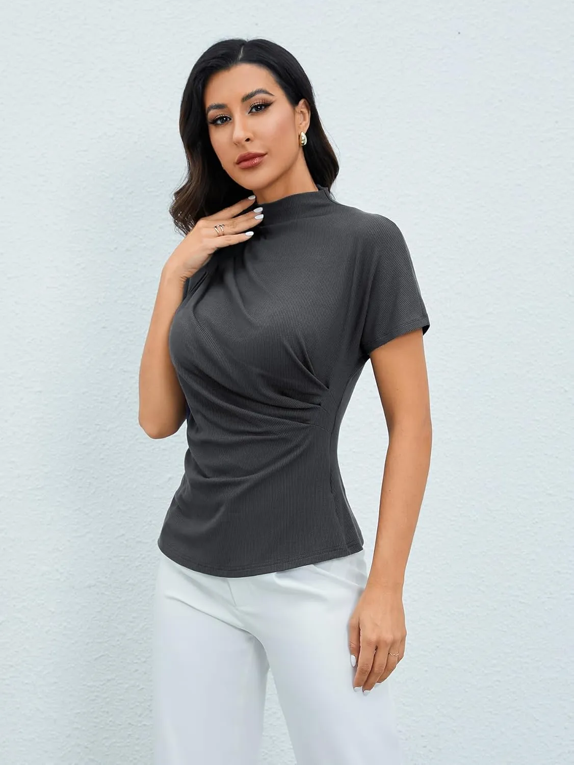 OYOANGLE Women's Ruched Draped Front Mock Neck Short Sleeve Solid Tee Shirt Top