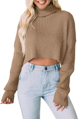 PRETTYGARDEN Women's 2025 Fall Winter Turtleneck Cropped Sweater Causal Ribbed Knit Long Sleeve Pullover Jumper Tops