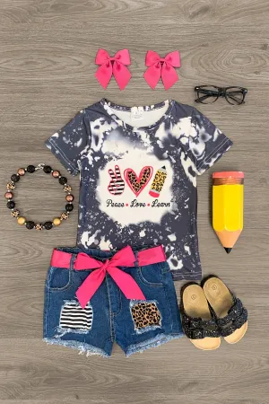 "Peace Love Learn" Distressed Denim Short Set