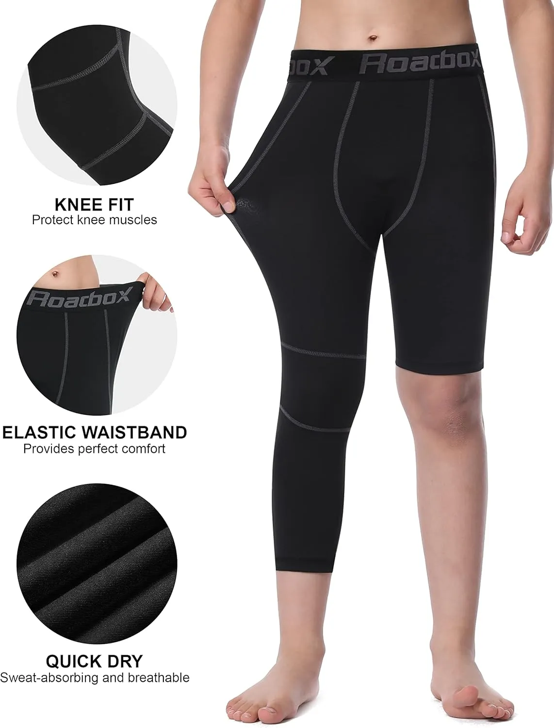 Roadbox Boys One Leg Compression Pants, 2Pack 3/4 Athletic Basketball Leggings, Youth Sports Baselayer Tights