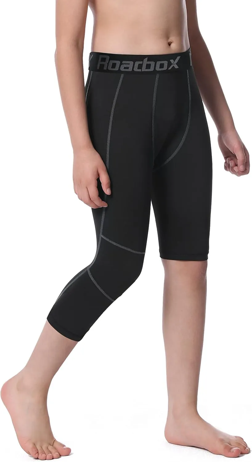 Roadbox Boys One Leg Compression Pants, 2Pack 3/4 Athletic Basketball Leggings, Youth Sports Baselayer Tights