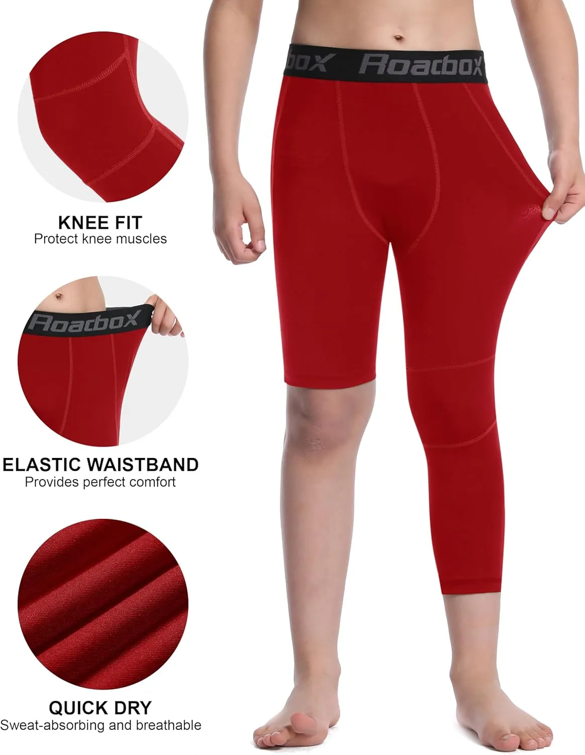 Roadbox Boys One Leg Compression Pants, 2Pack 3/4 Athletic Basketball Leggings, Youth Sports Baselayer Tights