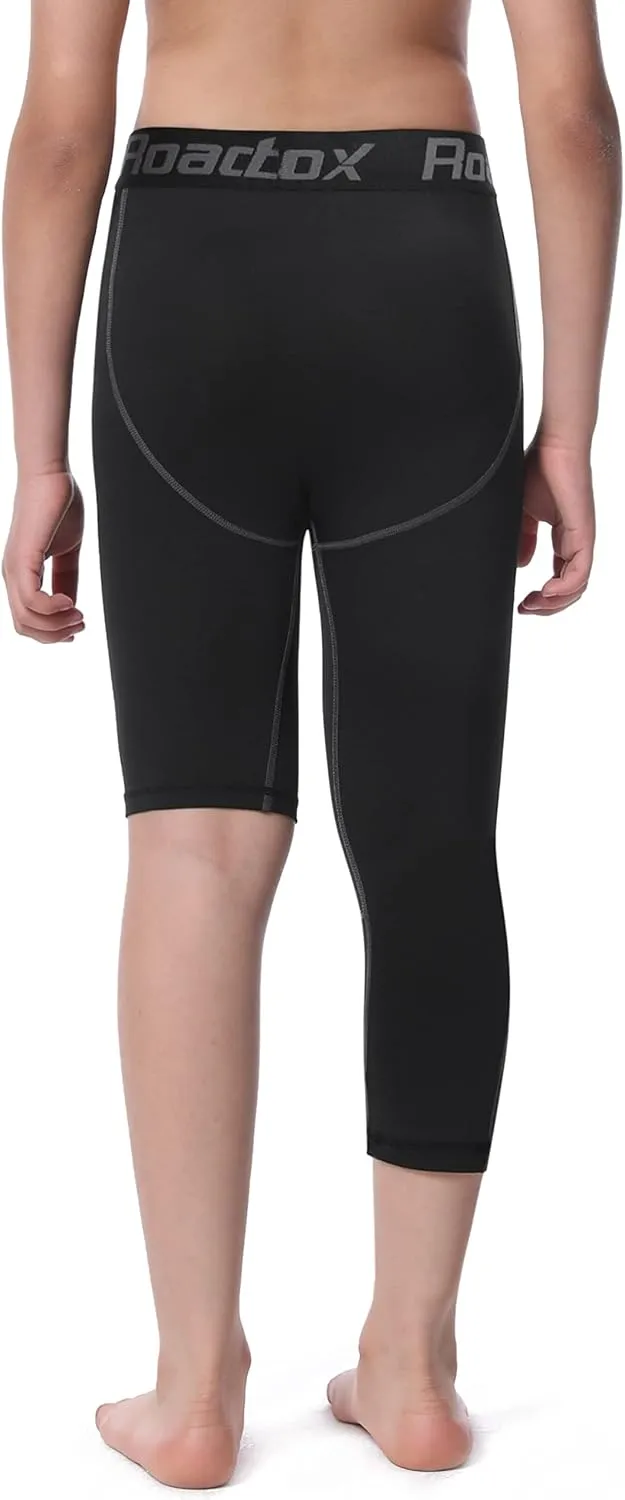 Roadbox Boys One Leg Compression Pants, 2Pack 3/4 Athletic Basketball Leggings, Youth Sports Baselayer Tights