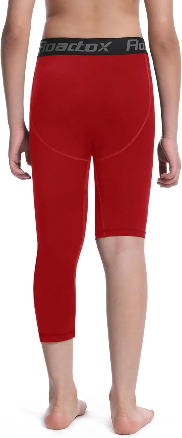 Roadbox Boys One Leg Compression Pants, 2Pack 3/4 Athletic Basketball Leggings, Youth Sports Baselayer Tights