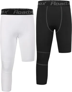Roadbox Boys One Leg Compression Pants, 2Pack 3/4 Athletic Basketball Leggings, Youth Sports Baselayer Tights