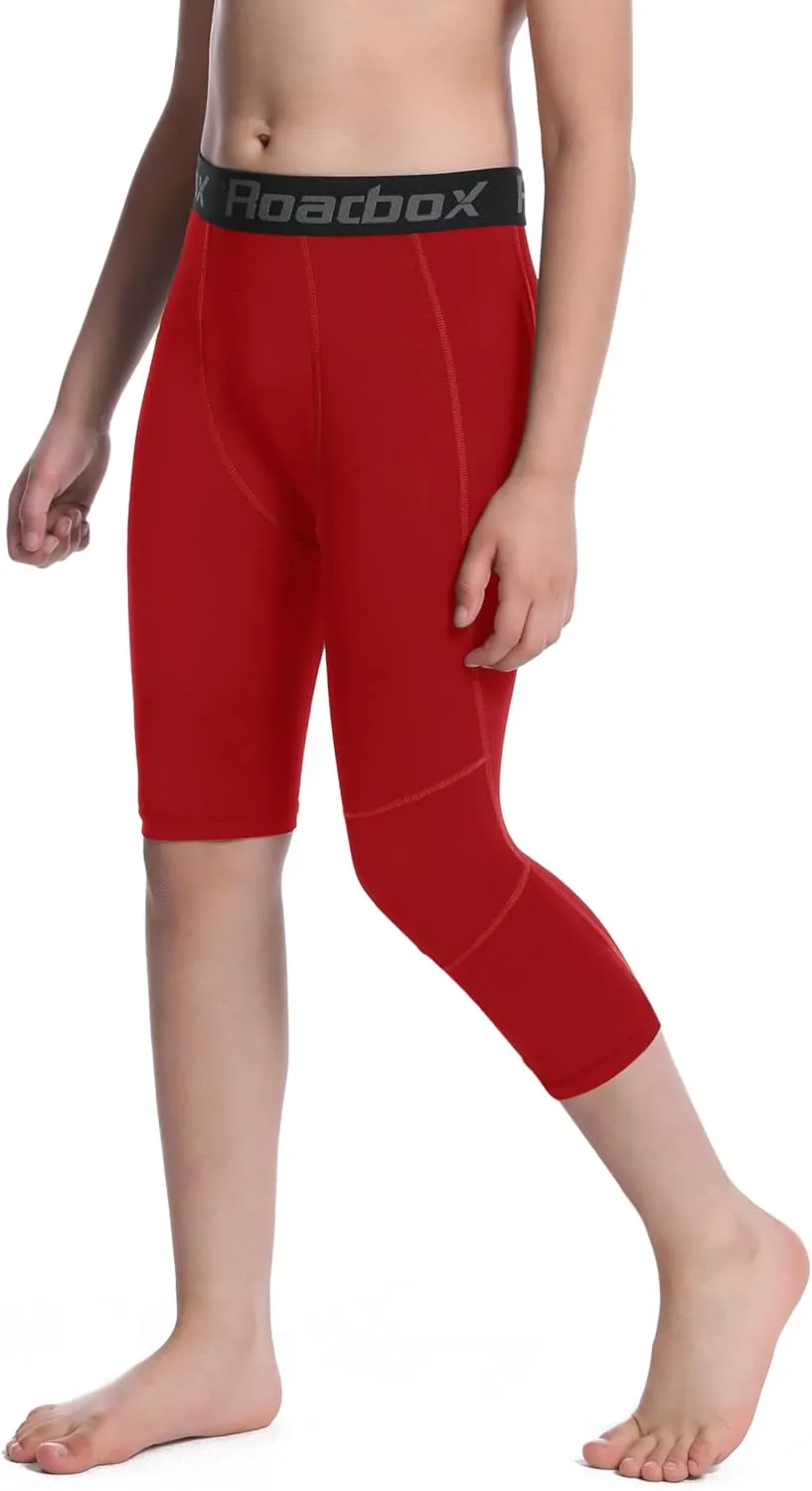 Roadbox Boys One Leg Compression Pants, 2Pack 3/4 Athletic Basketball Leggings, Youth Sports Baselayer Tights