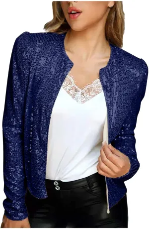 Ruziyoog Women's Sequin Jacket Casual Long Sleeve Bomber Jackets Blazer Open Front Lightweight Cardigan for Party Evening