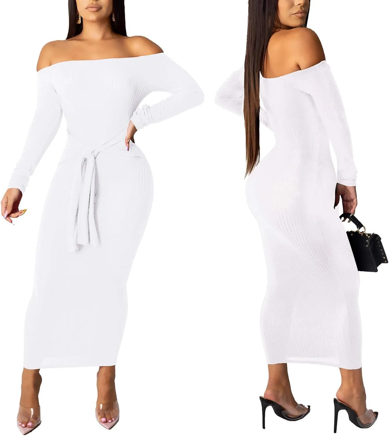 SheKiss Womens Off Shoulder Plus Size Work Business Sweater Dresses Long Sleeves Bodycon Cardigans Outfits