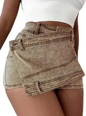 SHENHE Women's Vintage Mini Denim Skorts Wrap Overlay Irregular Stretchy Cargo Shorts