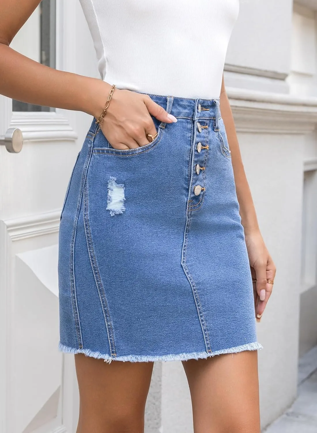 Sidefeel Women's Jean Skirt Stretchy Ripped Frayed Button Fly Summer Denim Skirt