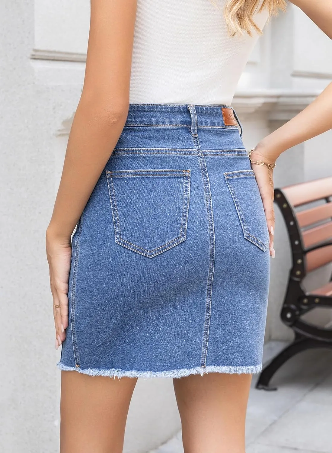 Sidefeel Women's Jean Skirt Stretchy Ripped Frayed Button Fly Summer Denim Skirt