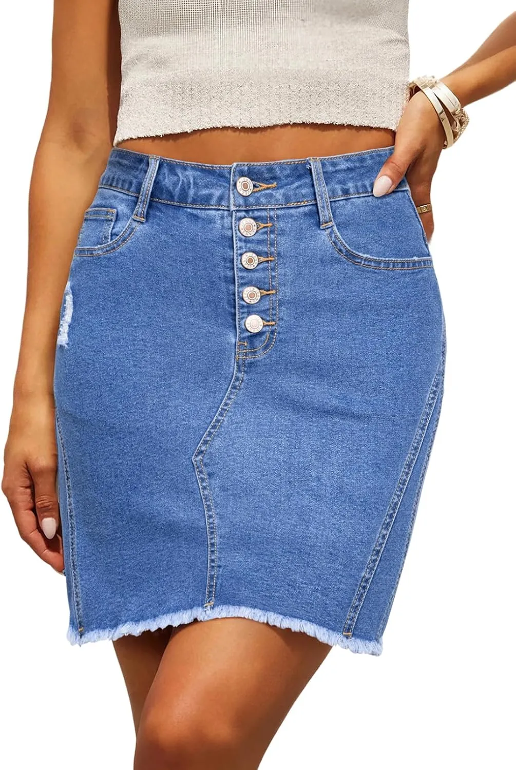 Sidefeel Women's Jean Skirt Stretchy Ripped Frayed Button Fly Summer Denim Skirt