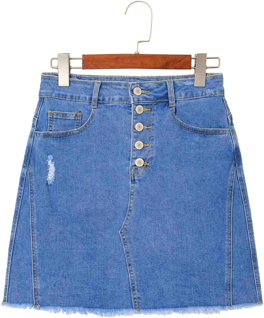 Sidefeel Women's Jean Skirt Stretchy Ripped Frayed Button Fly Summer Denim Skirt