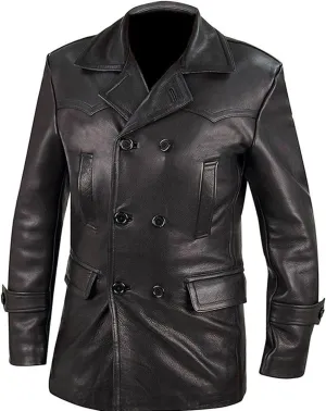 SpazeUp Mens Double Breasted Black Leather Trench Coat - Military Officer Uniform Vintage Black Jacket Coat Men