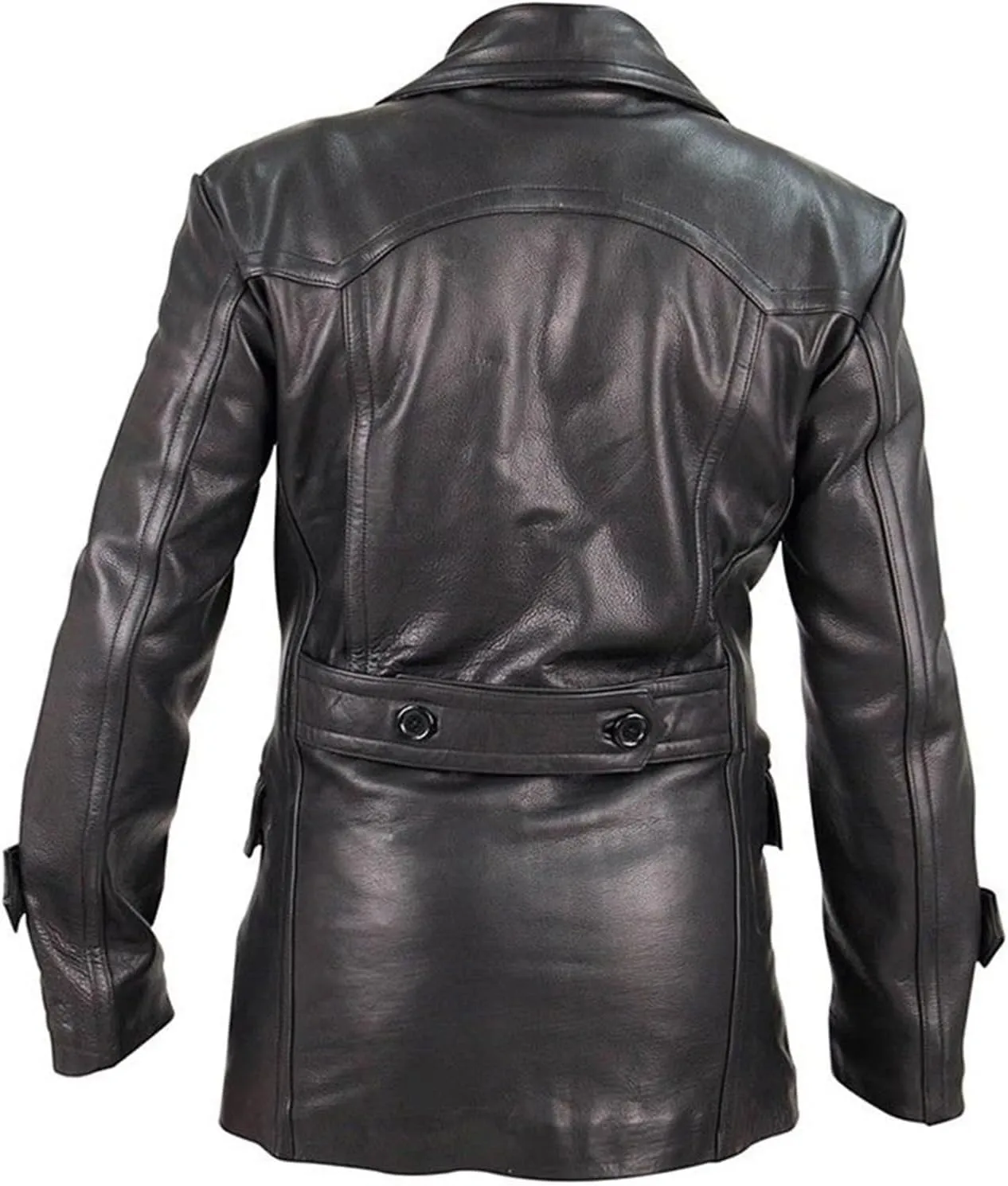 SpazeUp Mens Double Breasted Black Leather Trench Coat - Military Officer Uniform Vintage Black Jacket Coat Men