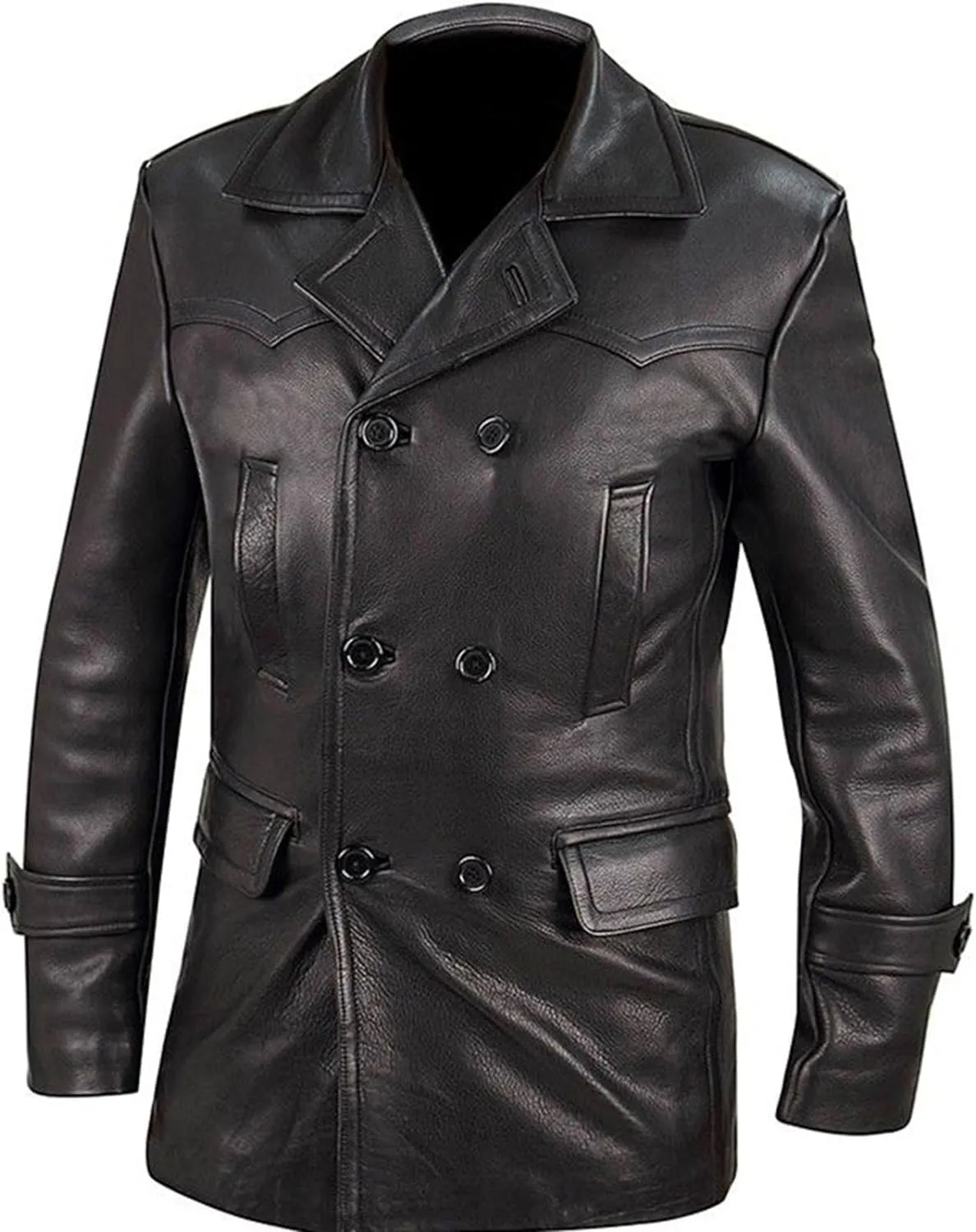 SpazeUp Mens Double Breasted Black Leather Trench Coat - Military Officer Uniform Vintage Black Jacket Coat Men