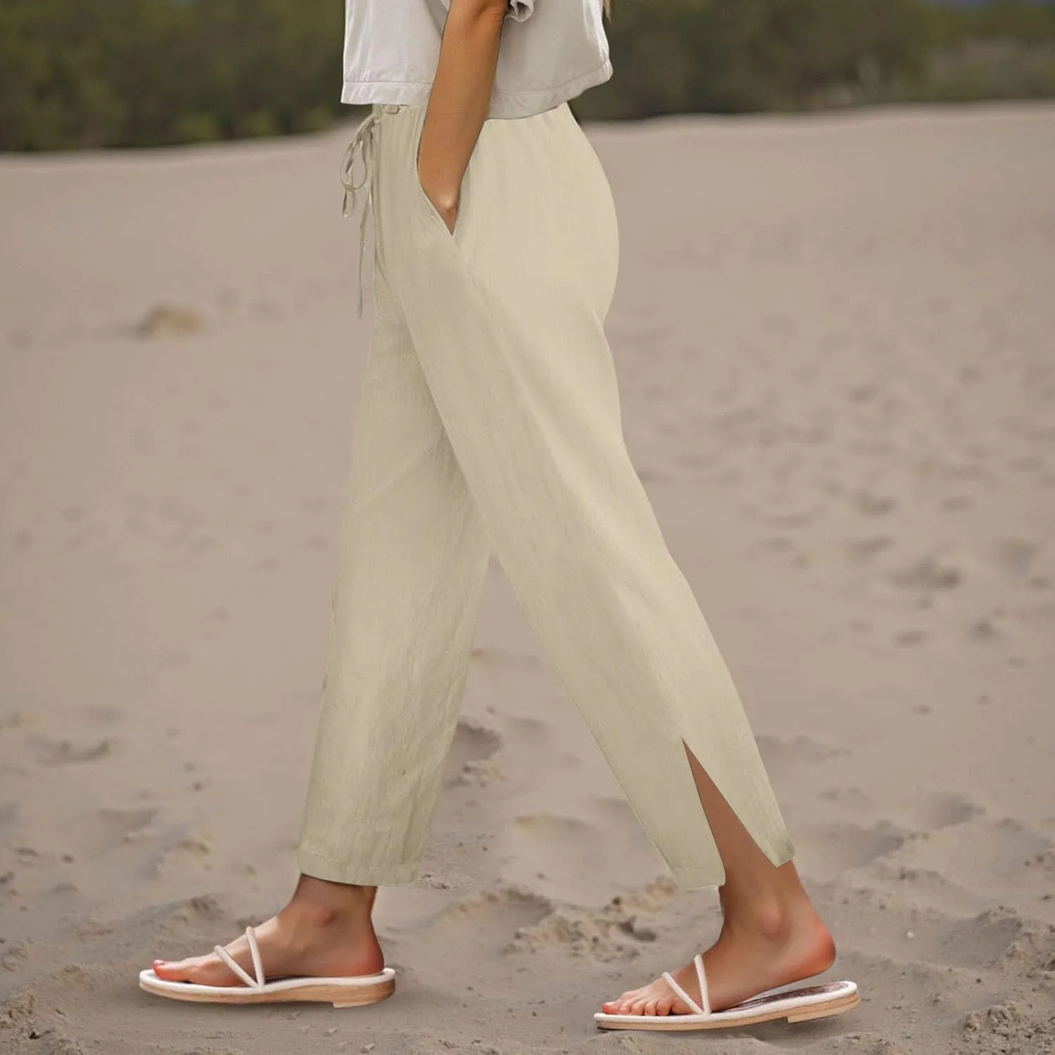 Summer Women Linen Pants with Pockets High Waist Comfy White Gauze Pants Casual Lightweight Loose Beach Trousers
