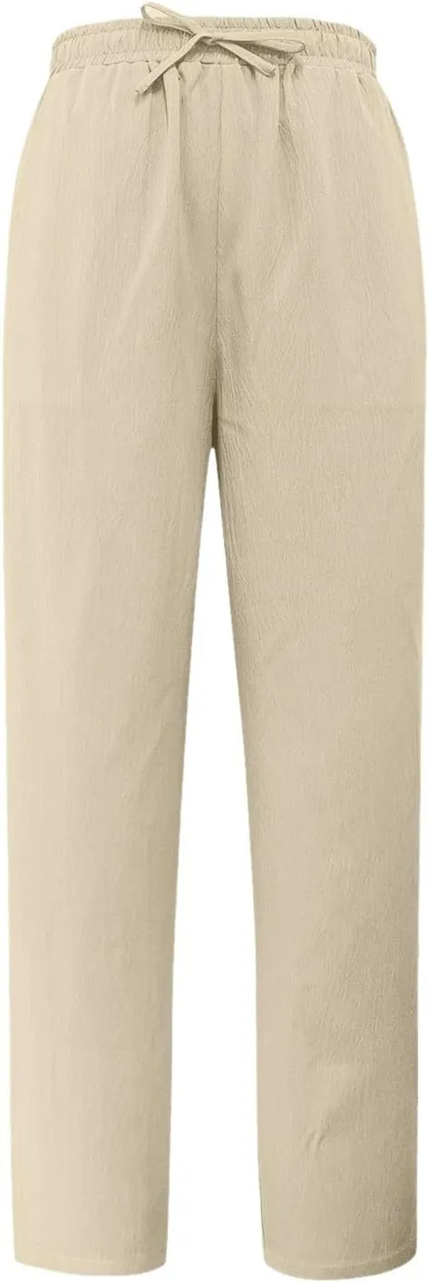 Summer Women Linen Pants with Pockets High Waist Comfy White Gauze Pants Casual Lightweight Loose Beach Trousers