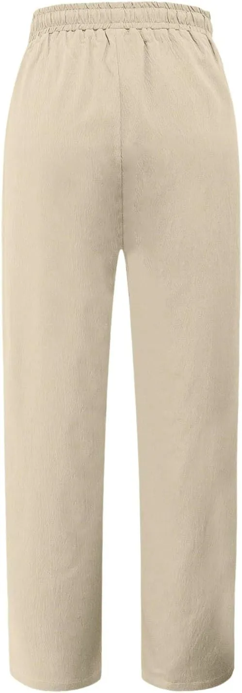 Summer Women Linen Pants with Pockets High Waist Comfy White Gauze Pants Casual Lightweight Loose Beach Trousers