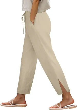 Summer Women Linen Pants with Pockets High Waist Comfy White Gauze Pants Casual Lightweight Loose Beach Trousers