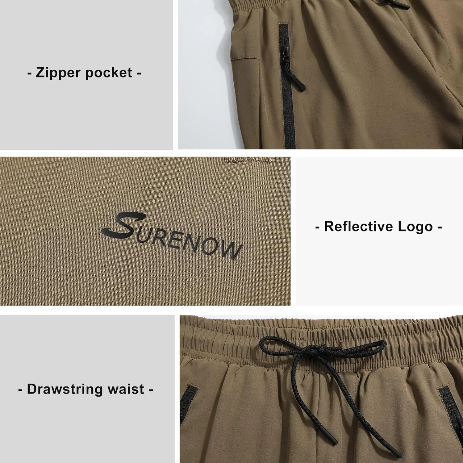 Surenow Men's Athletic Running Sweatpants Lightweight Stretch Jogger Track Pants Tapered Workout Gym Pants with Zipper Pocket