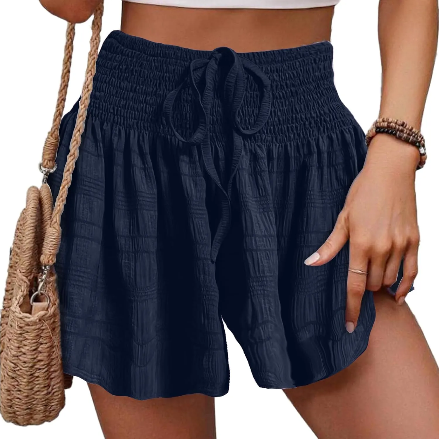TCHH-DayUp Women Linen Shorts High Waisted Flowy Casual Shorts Wide Leg Summer Beach Lounge Shorts Comfy Cute Elastic Shorts