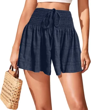 TCHH-DayUp Women Linen Shorts High Waisted Flowy Casual Shorts Wide Leg Summer Beach Lounge Shorts Comfy Cute Elastic Shorts