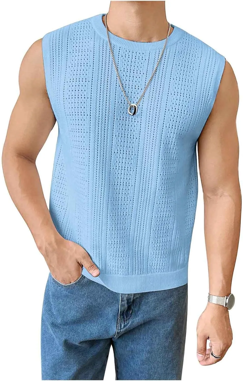 Verdusa Men's Sleeveless Round Neck Knit Tank Top Casual Sweater Vest